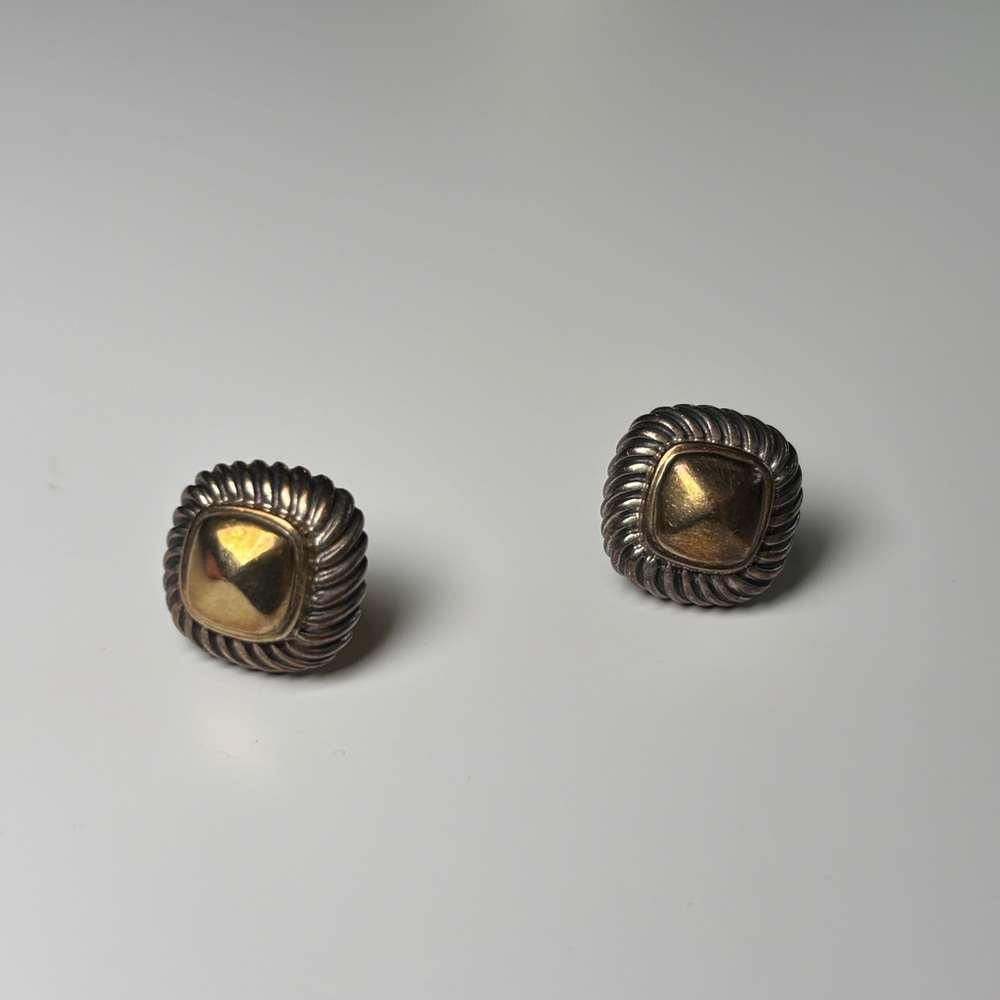 Vintage David Yurman 925 Sterling Silver 14K Gold Albion Square Stud Earrings